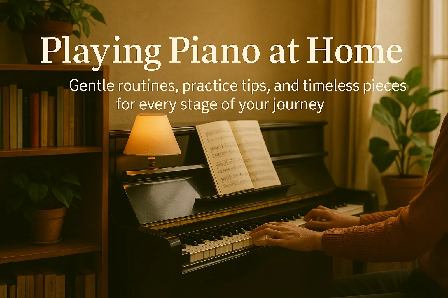 Playing Piano at Home — warm British living room with upright piano